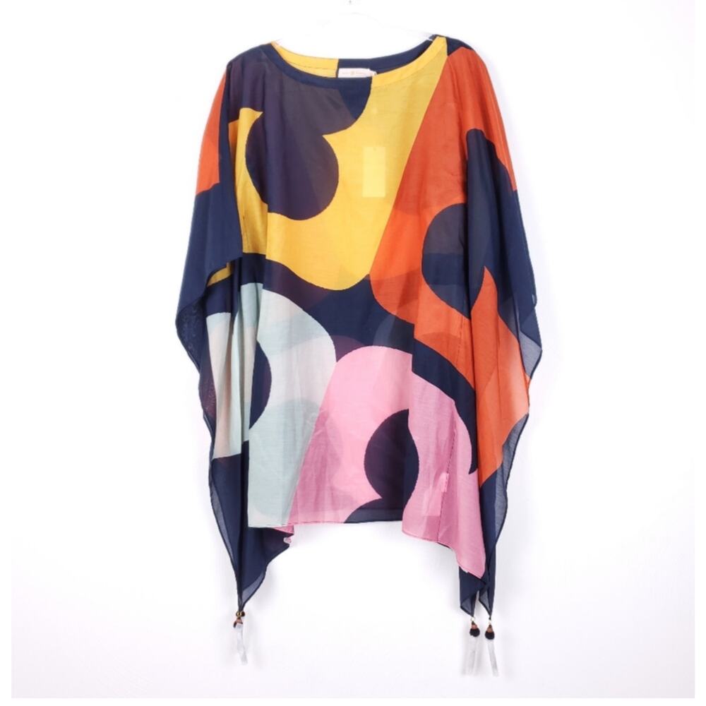 Tory Burch Printed Beach Caftan Color Block Logo Silk Cotton NWT XS/S
